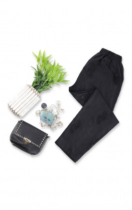 Black Cotton Embroidered Cigarette Pant